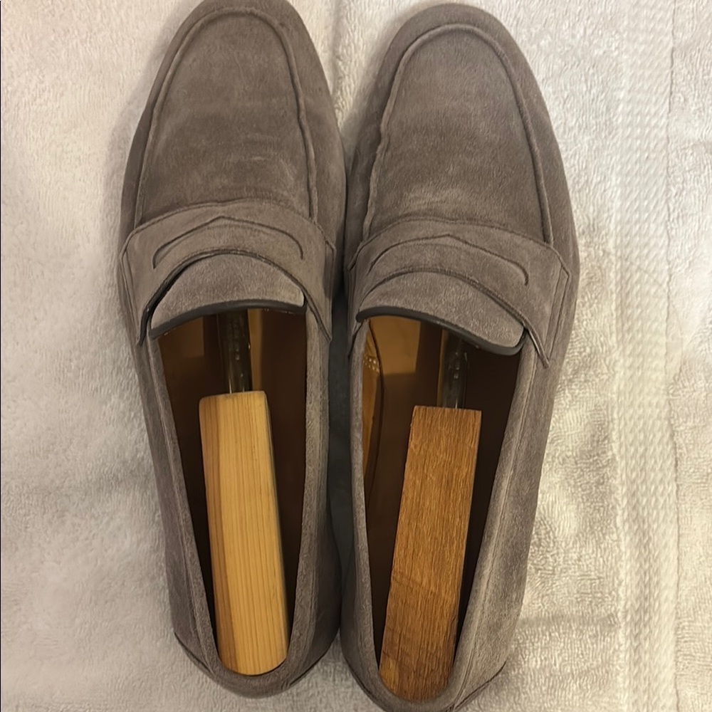 Gray Suede Slip-On Loafers with Penny Strap